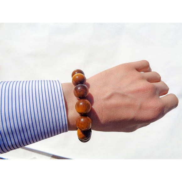 Tigers Eye Bracelet 16 mm Round Beads, Shiny 100% Natural Genuine Tigers Eye - Picture 1 of 4